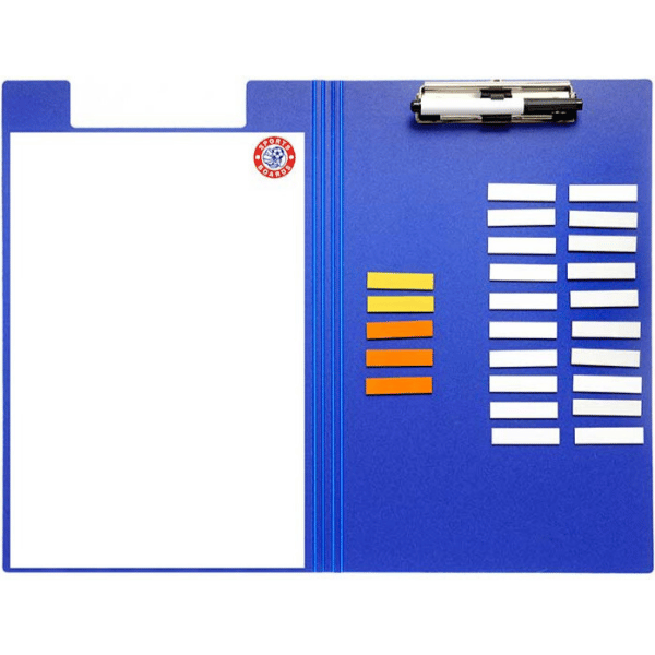 Blank Coaches Clipboard Open with 25 name tag magnets and a plain whiteboard