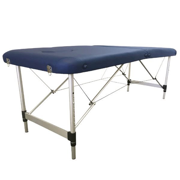 Blue Allcare massage table with metal frame on a white background