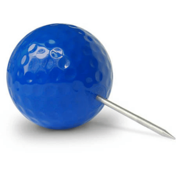 Blue golf ball look golf tee marker with a metal pin on a white background