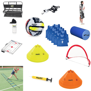 Club Captain's Small Coaching Bundle Including: 8 bottle carrier, whistle, ball bag, foam roller, 2 pop up goals, 20 cones, ball pump, 4m ladder, coaching board, 5 balls, 8 water bottles 10 bibs