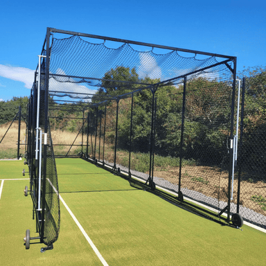 Concertina batting cage cricket net extended on a grass court — Club Captain Australia