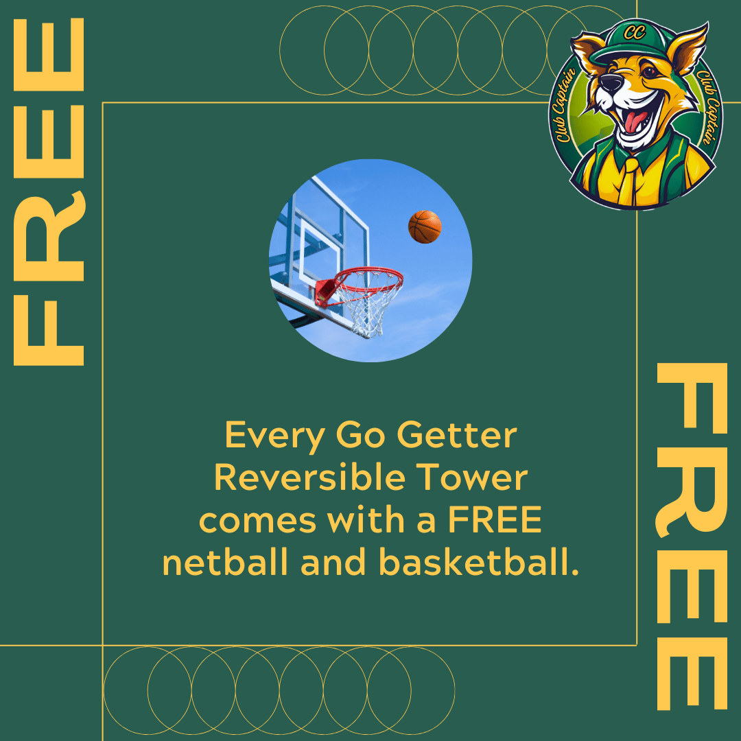 Promotional graphic for a reversible tower with free netball and basketball offer, featuring a sports ball and hoop illustration.