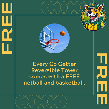 Promotional graphic for a reversible tower with free netball and basketball offer, featuring a sports ball and hoop illustration.