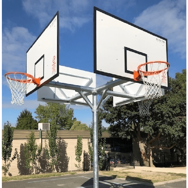 Go getter Sports 4 way basketball tower 4 backboards close up angledfull view