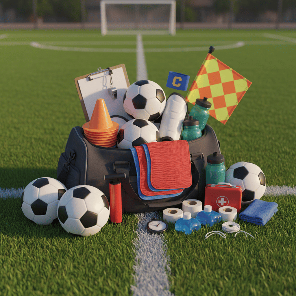 Sports equipment including soccer balls, cones, and first aid kit on a soccer field