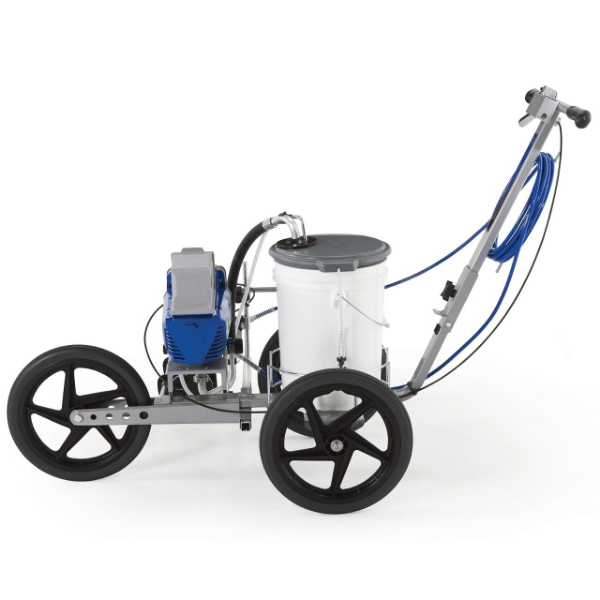 Graco Field Lazer ES100 Battery-Powered Airless Line Marker Side View Reverse Stock Photo In Blue White And Black