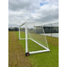 Grand Slam Senior Aluminium Soccer Goals on a grass field with a cloudy sky