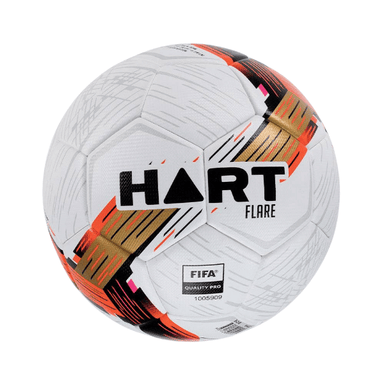 HART Flare Soccer Ball – white ball with orange, black, and gold pattern, FIFA QUALITY PRO mark and branding on white background.