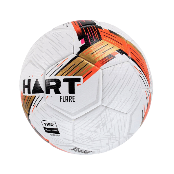 HART Flare Soccer Ball – white ball with orange, black, and gold pattern, FIFA INSPECTED mark and branding on white background.
