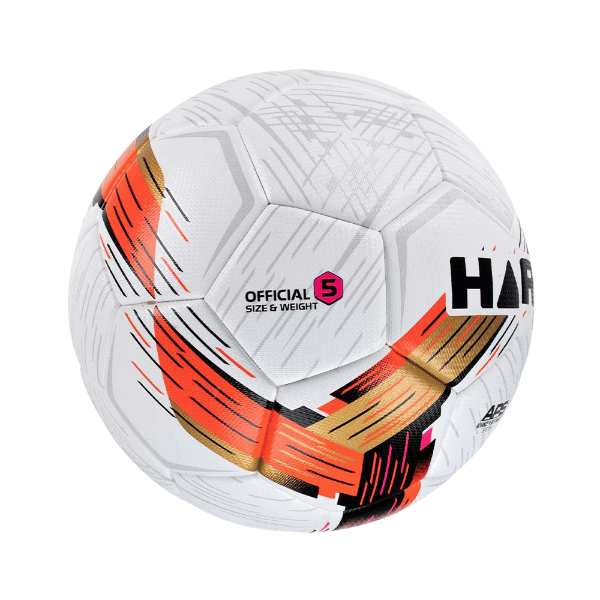HART Flare Soccer Ball – white ball with orange and black pattern, OFFICIAL 5 SIZE & WEIGHT text and branding on white background.