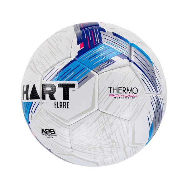 HART Flare Soccer Ball – white ball with blue and red pattern, THERMO BONDED, APS, and HART FLARE text on white background.