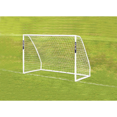HART Samba Match Goals white soccer goal with net on green grass field and visible pitch markings.