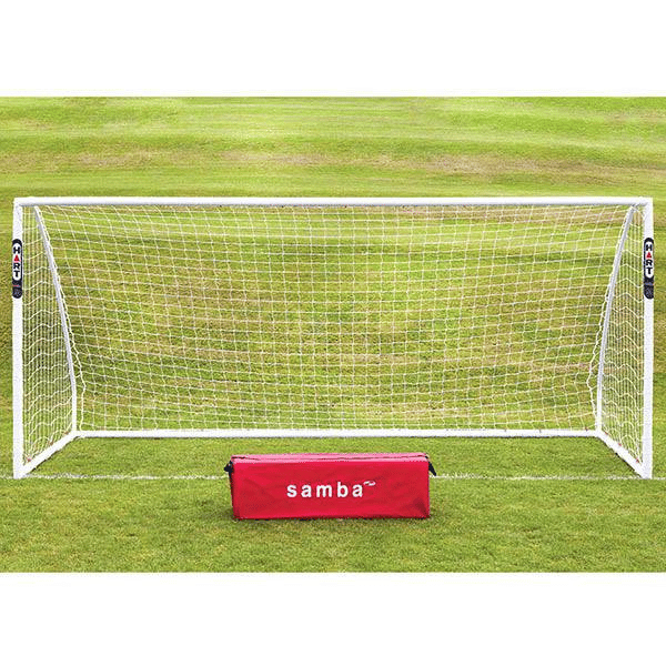 HART Samba Match Goals – white soccer goal with samba carrying bag on green grass field with striped mowing pattern.