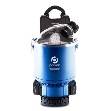 Blue Pacvac Superpro Go Cordless Backpack Vacuum on a white background