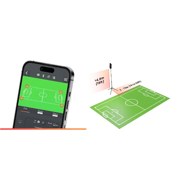 Phone displaying a sports field app and a physical soccer field with measurements, to setup Pix4Team
