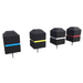 Four black hexagonal  golf tee markers with colored bands on a white background
