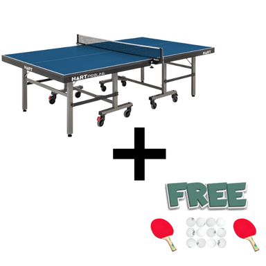 Blue ping pong table with accessories on a white background with free bundle offer