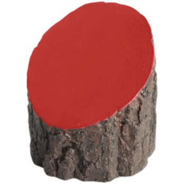 Golf tee marker with Red top on a textured timber look resin base against a white background