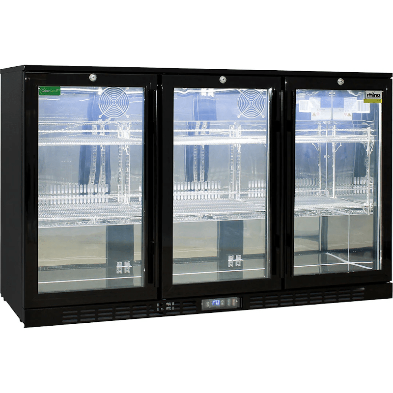 Rhino Commercial 3 Door Glass Bar Fridge  empty front view