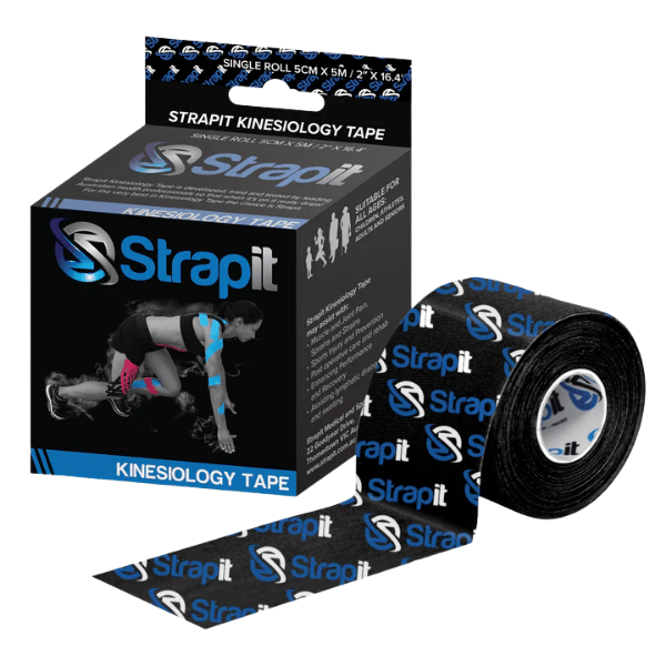 Strapit Kinesiology Tape – black tape roll with blue and white branding and packaging showing applied use and product info on white background.