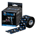 Strapit Kinesiology Tape – black tape roll with blue and white branding and packaging showing applied use and product info on white background.