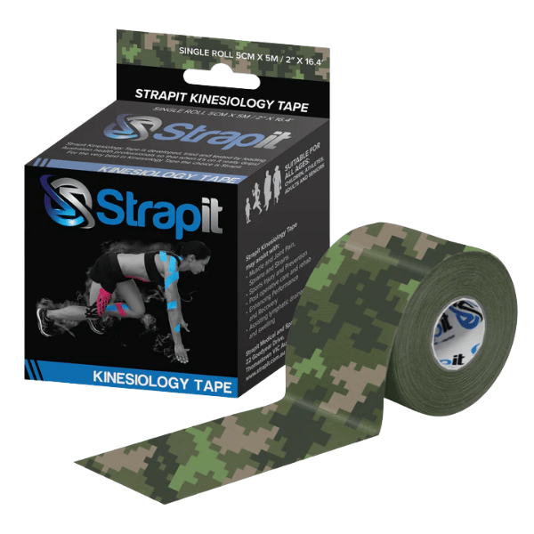 Strapit Kinesiology Tape – camouflage tape roll with branded core and packaging showing applied use and product info on white background.