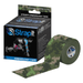 Strapit Kinesiology Tape – camouflage tape roll with branded core and packaging showing applied use and product info on white background.