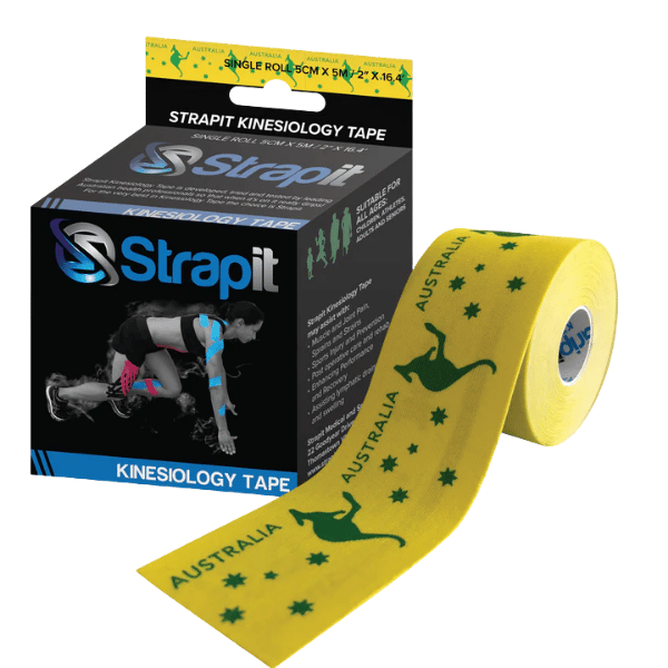 Strapit Kinesiology Tape – yellow tape roll with green AUSTRALIA design and packaging showing applied use and product info on white background.