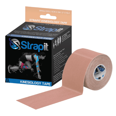 Strapit Kinesiology Tape – skin-tone tape roll with branded core and packaging showing product info and applied use on white background.