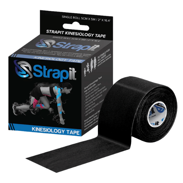 Strapit Kinesiology Tape – black tape roll with branded core and packaging showing applied use and product info on white background.