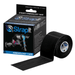 Strapit Kinesiology Tape – black tape roll with branded core and packaging showing applied use and product info on white background.