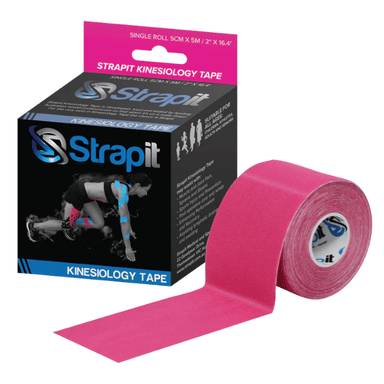 Strapit Kinesiology Tape – pink tape roll with branded core and packaging showing applied use and product info on white background.