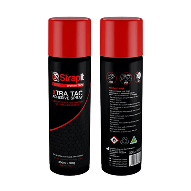 Strapit Xtra Tac Adhesive Spray – two black cans with red caps showing front and back labels on white background.
