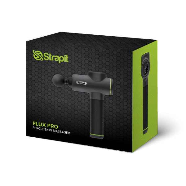Strapit Flux Pro Percussion Massager packaging on a white background