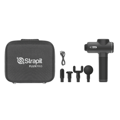 Strapit FluxPro massage gun set with carrying case and attachments on a white background
