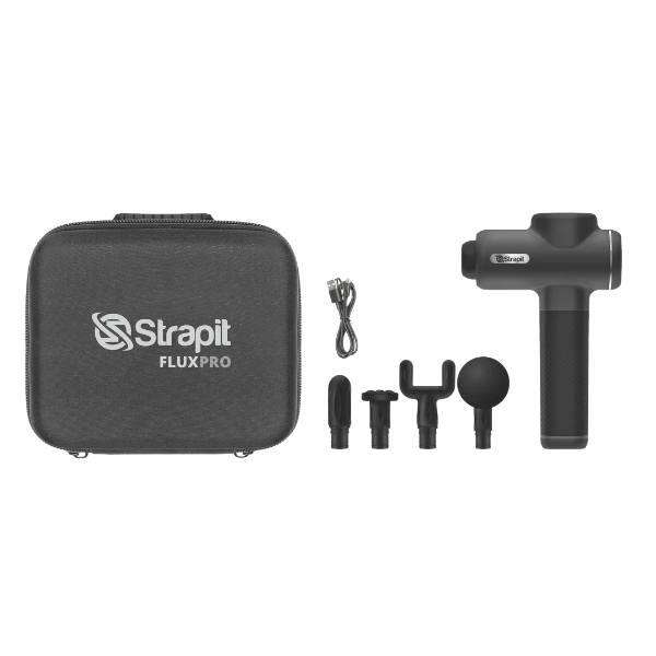 Strapit FluxPro massage gun set with carrying case and attachments on a white background