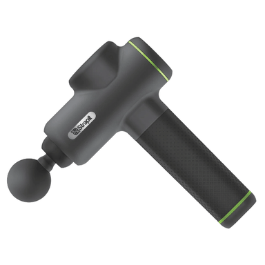 Strapit FLUX PRO Massage Gun on a white background side view in black with green detail