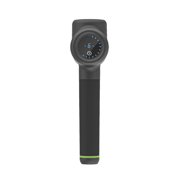 Strapit FLUX PRO Massage Guns digital display on a white background side view in black with green detail