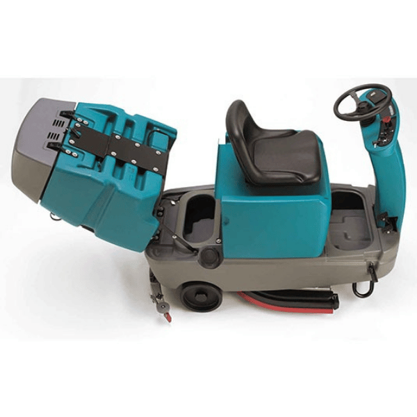 T7 Ride-On Floor Scrubber tank tipped and draining In blue.