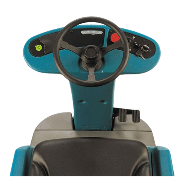 Tennant T7 Ride-On Floor Scrubber Easy Controls green power button red stop button