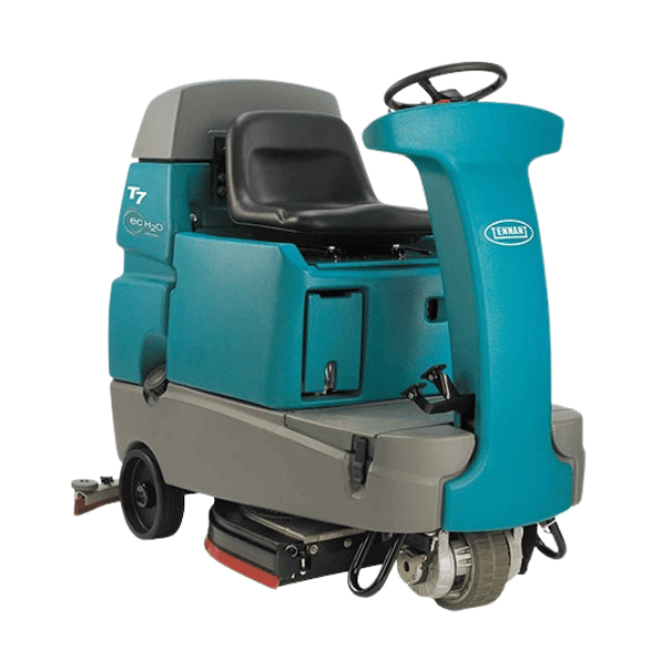 Tennant T7 Ride-On Floor Scrubber Front View in Blue

