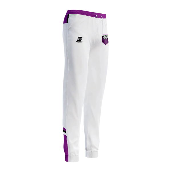 cricket endurance White pants with purple accents on a white background