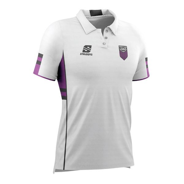 cricket paneled White polo shirt with purple accents and brand logos on a white background